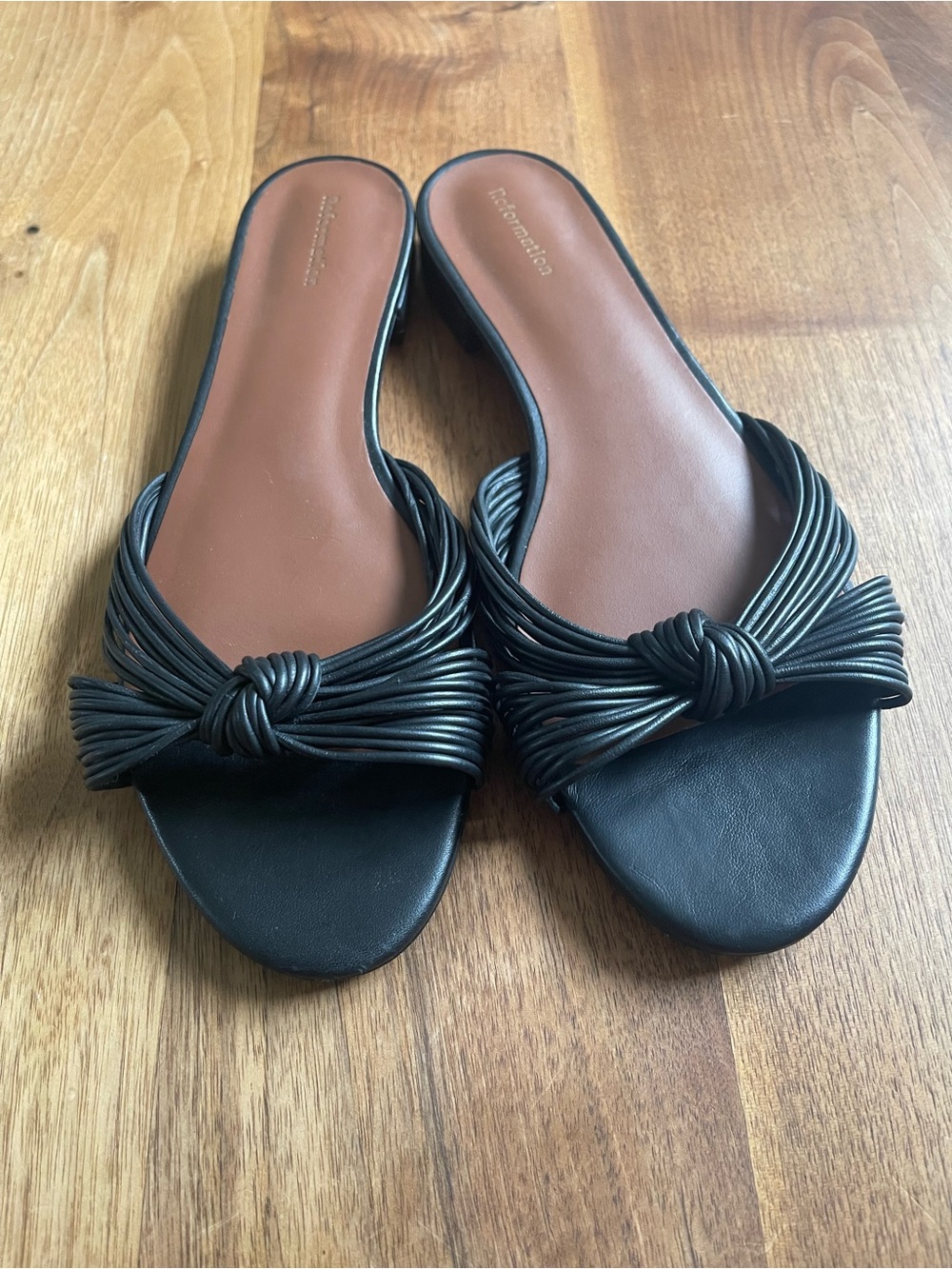 Reformation Black Knotted Multi-Strap Slide Sandals with Tan Footbed 7.5